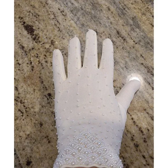 New? Vintage One Size Fits Cream Stretch Nylon Formal 8" Gloves Silver Tone Bead - Picture 12 of 16